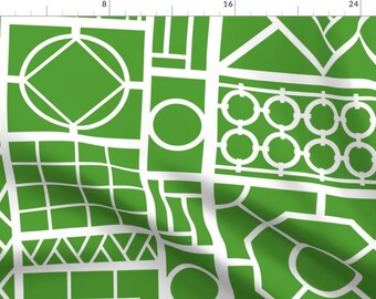 May include: A green and white geometric pattern with a repeating design of squares, circles, and lines. The pattern is reminiscent of a city map or a garden plan.