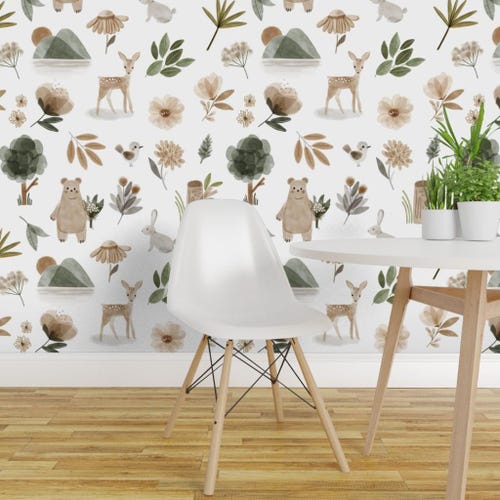 Watercolor Peel and Stick Wallpaper - Nature Woodland Floral Forest Deer Bear - Removable Wall Decor Art - Woodland Springs by hipkiddesigns