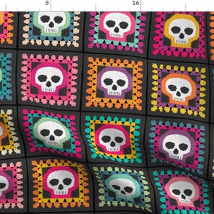 Goth Fabric - Granny Square Skulls by jessica_schroeder_art - Skull Bright Yarn Granny Squares Halloween  Fabric by the Yard by Spoonflower