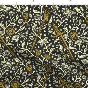 Floral Fabric - Tarot Tapestry  by rachelquinlan - Tarot Tapestry Magic Sword Witch Black Gold  Fabric by the Yard by Spoonflower