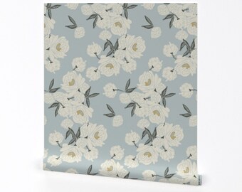 Papier peint pivoines crème - pivoine serpentine par conroycreekdesigns - papier peint amovible fleurs bleu clair par Spoonflower