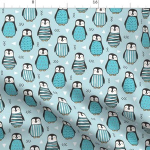 Blue Penguin Fabric - Penguins With Sweater Geometric And Triangles In Aqua Blue By Caja Design - Penguin Fabric With Spoonflower