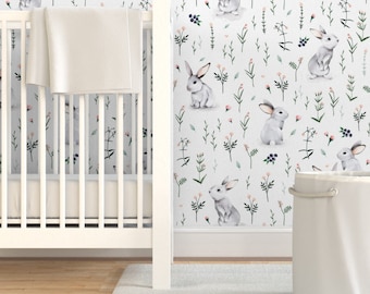 Bunnies Wallpaper - Meadow Bunnies - By Ewa Brzozowska - Girl's Nursery Custom Printed Removable Self Adhesive Wallpaper Roll by Spoonflower