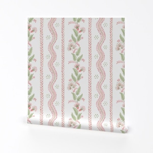 Pink Preppy Removable Peel and Stick Wallpaper - Floral Stripe Feminine - Wall Art Wall Decor - Alexis With Spring Green by danika_herrick