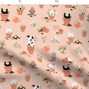 Dogs Planting Fabric - Garden Pup Shenanigans By Devondesignco - Puppies Breeds Gardening Peach Cotton Fabric By The Yard With Spoonflower