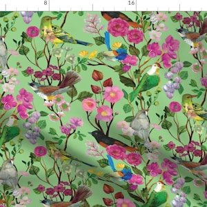 Floral Spring Green Birds Fabric - Birds And Blooms Chinoiserie {Apple} By Ceciliamok - Birds Cotton Fabric By The Yard With Spoonflower