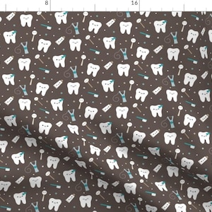 Tooth Cleanliness Fabric - Happy Teeth Friends Teal By Clayvision - Dental Floss Cute Smily Face Cotton Fabric By The Yard With Spoonflower