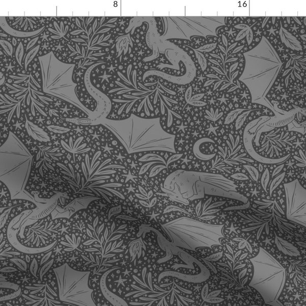 Gothic Fantasy Fabric - Celestial Dragons Charcoal by writtenbykristen - Dragons Charcoal Gray Dark Moody  Fabric by the Yard by Spoonflower