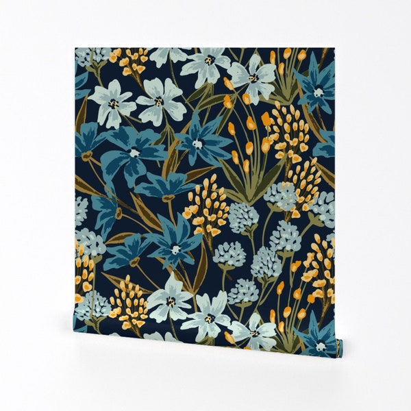 Large Blue Floral Wallpaper - Etsy