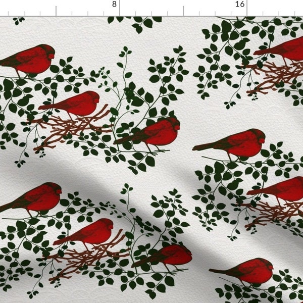 Birds Fabric - Cardinal Way By Lacartera - Birds Winter Birds White Red Green Holly Branches Cotton Fabric By The Yard With Spoonflower