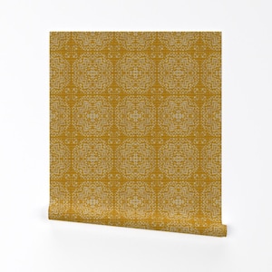 Französische Fliesen Tapeten - French Vintage Geo Von Holli Zollinger - Gelbe Senf Boho Abnehmbare selbstklebende Tapetenrolle von Spoonflower