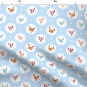 Chickens Fabric - Chicken Doily Blue Polka Dots Hens By Twodreamsshop - Chickens Farm Animal Cotton Fabric By The Yard With Spoonflower