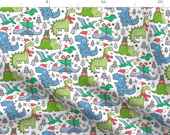 Xmas Dinosuars Fabric - Christmas Holidays Dinosaurs Trees Pink Dark Blue Green On White By Caja Design - Xmas Fabric With Spoonflower