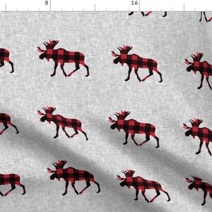May include: A seamless pattern featuring red and black buffalo plaid moose silhouettes on a light grey background.