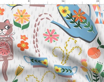 Vintage Kitsch Fabric - Coffee Break by landmink - Retro Cat Clock Teapot Coffee Mid Century 60s Kitchen  Fabric by the Yard by Spoonflower