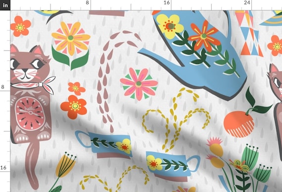 Vintage Kitsch Fabric - Coffee Break by landmink - Retro Cat Clock Teapot Coffee Mid Century 60s Kitchen  Fabric by the Yard by Spoonflower