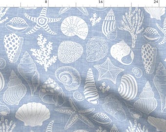 Nautical Seashell Fabric - Coastal Treasures by kimsa - Coral Starfish Coastal Seaside Blue White Fabric by the Yard by Spoonflower