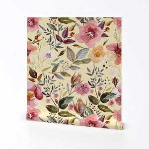 Floral Wallpaper - 18" Autumnal Watercolor Flowers By Utart - Summer Custom Printed Removable Self Adhesive Wallpaper Roll by Spoonflower