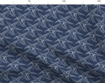 Starfish Fabric - Starfish Navy Blue White Beach By 13moons Design - Starfish Nautical Beach Blue Cotton Fabric By The Yard With Spoonflower