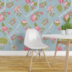 Blue Preppy Floral Wallpaper Peony Branch Blue by Danika_herrick Blue ...