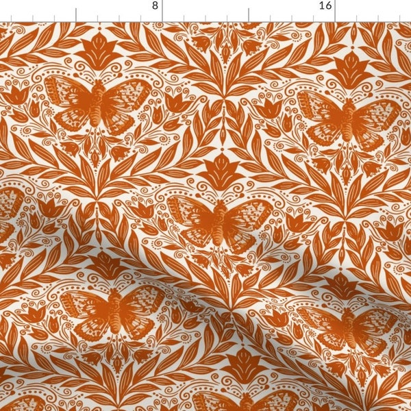 Orange Damask Fabric - Butterfly Damask by kashmira - Flowers Leaves Butterfly Floral Nature Orange Damask Fabric by the Yard by Spoonflower