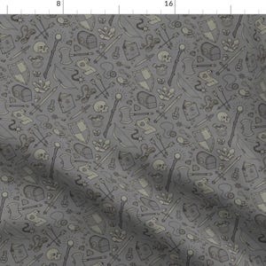 May include: A seamless pattern featuring a variety of fantasy and medieval-themed illustrations in shades of gray. The pattern includes swords, shields, potions, skulls, and other symbols.