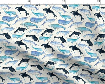 Whale Fabric - Whales Orcas Narwhals By Tangerine-Tane- Watercolor Whale Sea Nautical Boy Nursery Cotton Fabric By The Yard With Spoonflower