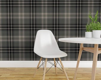 Donker neutraal geruit zelfklevend behang - Groot formaat, mannelijk - Verwijderbare wanddecoratie - Grijs en zwart geruit van northern_whimsy