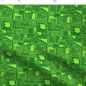 May include: A green and lime green circuit board pattern. The pattern is made up of lines and squares, creating a complex design.