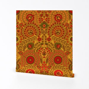 May include: A seamless pattern featuring a repeating design of stylised flowers in shades of red, orange, yellow, and green on a gold background.