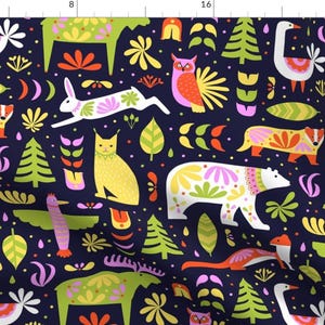 Moose Fabric - Festive Canadian Wildlife By Portiamonberg - Black Colorful Animals Forest Kids Cotton Fabric By The Yard With Spoonflower