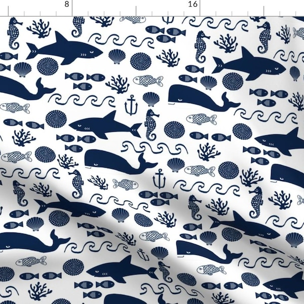 Ocean Fabric - Navy Ocean Fabric Nautical Summer Navy And White Fabric By Charlottewinter - Cotton Fabric By The Yard With Spoonflower