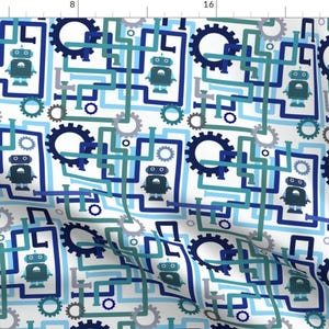 Robot Fabric - Robots And Pipes - Blues By Jesseesuem - Robot Kids Cute Robots Gears Cotton Fabric By The Yard With Spoonflower