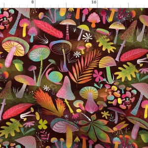 Mushroom Fabric - Autumn Leaves + Shrooms By Miraparadies - Chestnut Rainbow Forest Dark Maroon Cotton Fabric By The Yard With Spoonflower