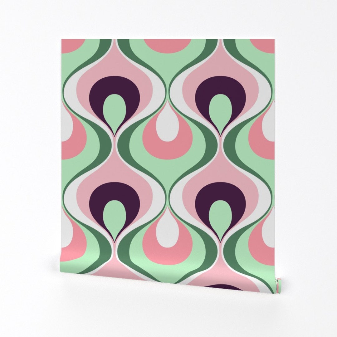 Vintage Ogee Wallpaper Retro Mint Plum Pink by Delinda_graphic_studio