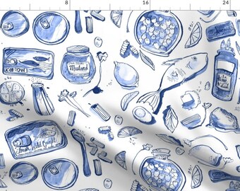 Watercolor Fabric - Anchovies Picnic by tiffanyagam - Fish Summer Hand Drawn Monochromatic Brushstrokes Fabric by the Yard by Spoonflower