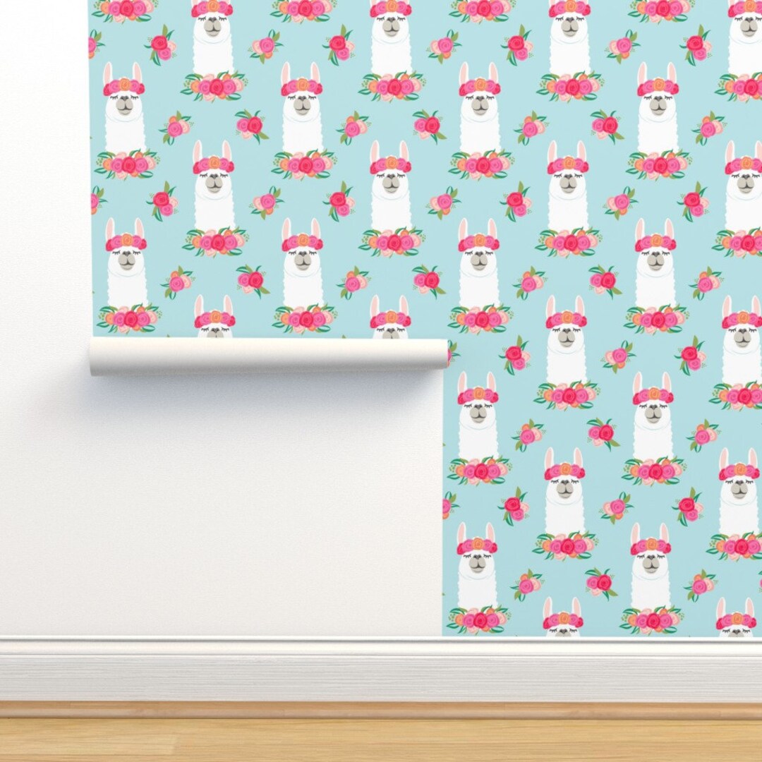 Llama Wallpaper Floral Llama by Littlearrowdesign Blue - Etsy