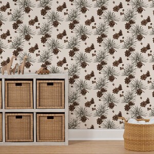 Winter Botanical Wallpaper Pine Cone Fir Branch by Milatoo Cabin Beige