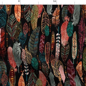 Sarah Treu Colorful Flowers Fabric - Feathers On Black Colorful By Sarah Treu - Feathers Boho Cotton Fabric By The Yard With Spoonflower