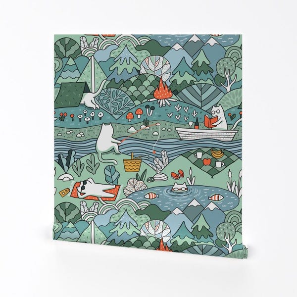 Lake Wallpaper - A Day At The Lake Restores The Soul By Kostolom3000 - Green Blue Cat Removable Self Adhesive Wallpaper Roll by Spoonflower