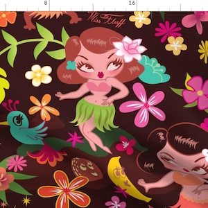 Hula Girls Fabric - Hula Cuties Large By Miss Fluff - Hula Girls Floral Birds Vintage Blue Green Cotton Fabric By The Yard With Spoonflower