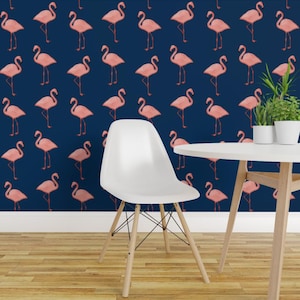 Flamingo Wallpaper - Flamingos On Navy By Willowlanetextiles - Flamingo Custom Printed Removable Self Adhesive Wallpaper Roll by Spoonflower image 1