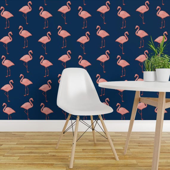 Flamingo Wallpaper - Flamingos On Navy By Willowlanetextiles - Flamingo Custom Printed Removable Self Adhesive Wallpaper Roll by Spoonflower