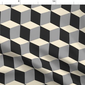 May include: A seamless pattern featuring a repeating geometric design of black, gray, and cream cubes. The cubes are arranged in a staggered pattern, creating a 3D effect.