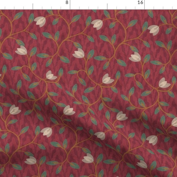 Burgundy Florals Fabric - Victorian Twines By Dessineo - Berry Maroon Green Flower Nouveau Fall Cotton Fabric By The Yard With Spoonflower