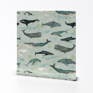 Whales Wallpaper - Whale Whispers By Katherine Quinn - Nautical Ocean Sea Animals Blue Removable Self Adhesive Wallpaper Roll by Spoonflower