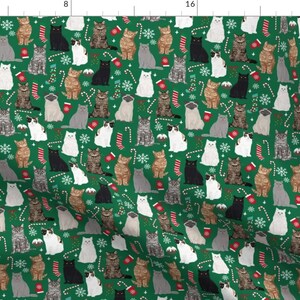 Holiday Cat Fabric - Cat Christmas Fabric Cat Lady Xmas Candy Cane Stocking Green By Petfriendly- Cotton Fabric by the Yard with Spoonflower