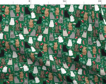 Holiday Cat Fabric - Cat Christmas Fabric Cat Lady Xmas Candy Cane Stocking Green By Petfriendly- Cotton Fabric by the Yard with Spoonflower