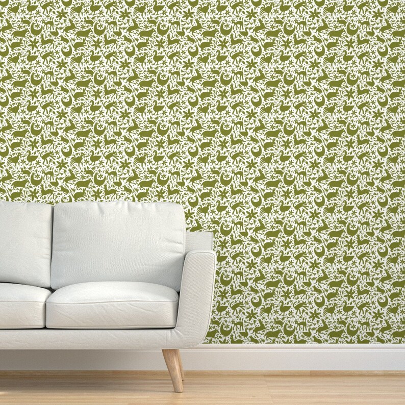 Otomi Wallpaper Mexico Springtime Olive on White Large by - Etsy