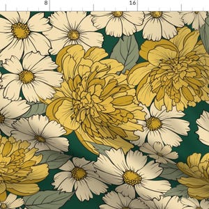 Yellow Peonies Fabric - Peonies By Brazilian Living - Large Scale Floral Sage Teal Mustard Garden Cotton Fabric By The Yard With Spoonflower